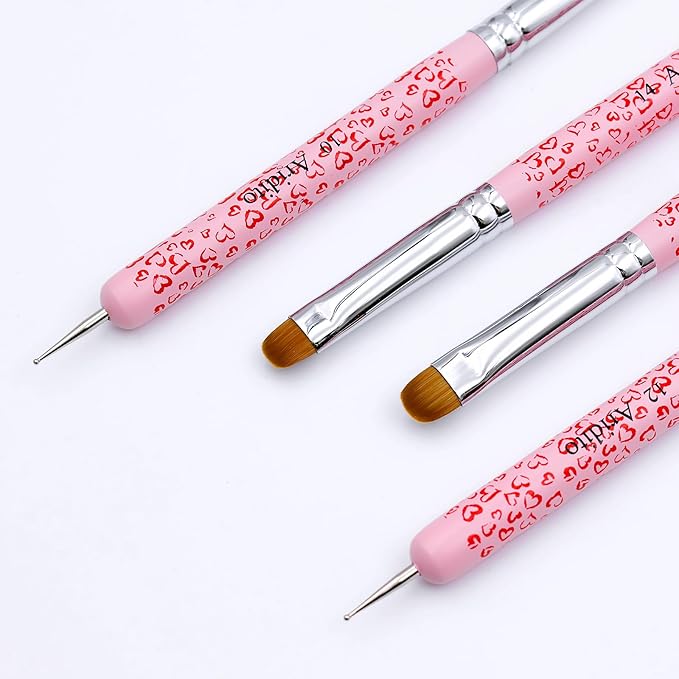 4Pcs Professional Acrylic French Manicure Clean-Up Brushes & Dotting Pens - Pink Heart Handles, Precision Tips (#10#12#14#16) for Nail Art, Cuticle Care (pink)