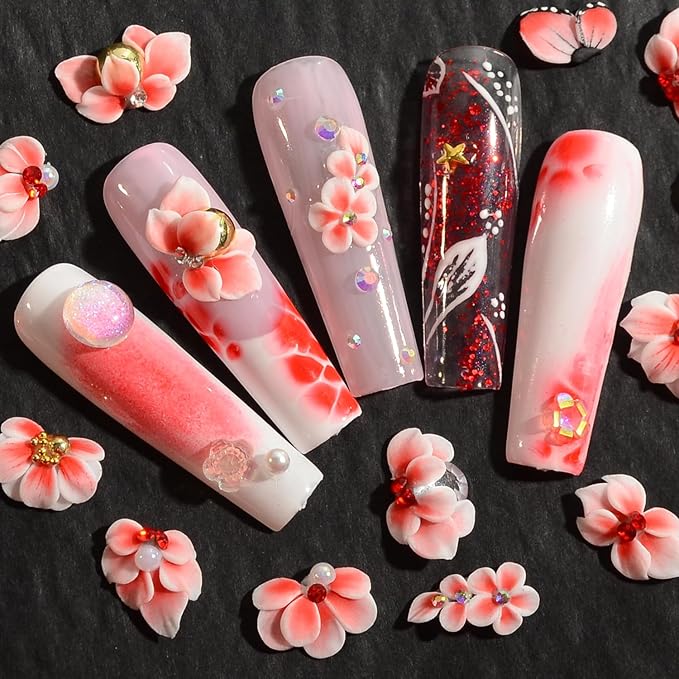 30PCS 3D Handmade Flower Nail Art Charms Advanced Handcrafted Cherry Blossom Flower Colorful Sculpted Floral Nails with Rhinestone Caviar Beads Design for Women Profession Nail Art Craft Jewelry