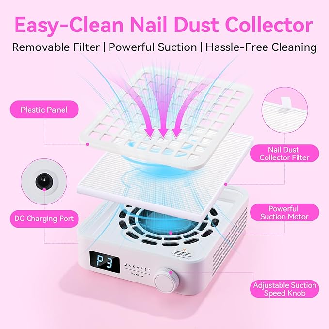 Makartt Professional Mini Nail Dust Collector – Powerful Dust Collector Nail Tech Quite Suction Machine for Acrylic Nails Manicure & Pedicure Salon & Home Use Includes 10pcs Filters & Dust Brush