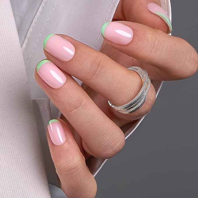 CurvLife Soft Gel Short Press On Nails Square, Long-Lasting Reusable Fake Nails Kit with Glue & Tabs, 30pcs Salon-Quality Stick On Nails for Women At-Home Manicure (Mint Line)