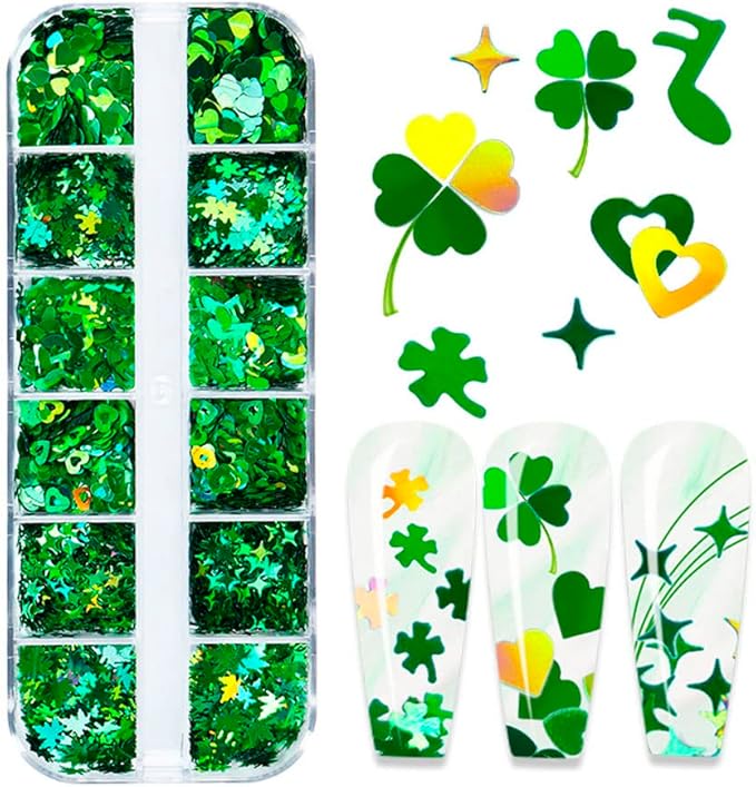 Nail Art Glitter Green Sequins 3D Holographic Laser Hearts Stars Leaves Clovers Nail Acrylic Stickers Spring Shiny Flakes Nail Supplies for St. Patrick's Day Decor 12 Grids