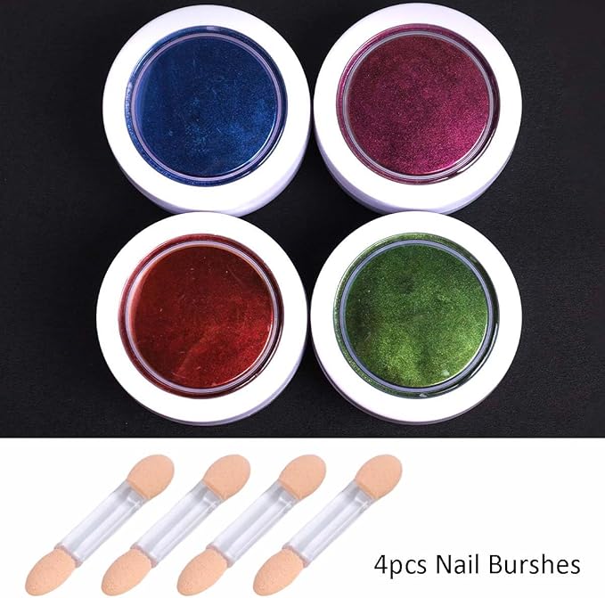 Chameleon Nail Glitter Powder Set – 4 Colors Holographic Chrome Powder for Nails, High-Gloss Color-Shifting Pigment with Brush – Nail Art Decoration for Carnival, Cosplay & Holiday Parties