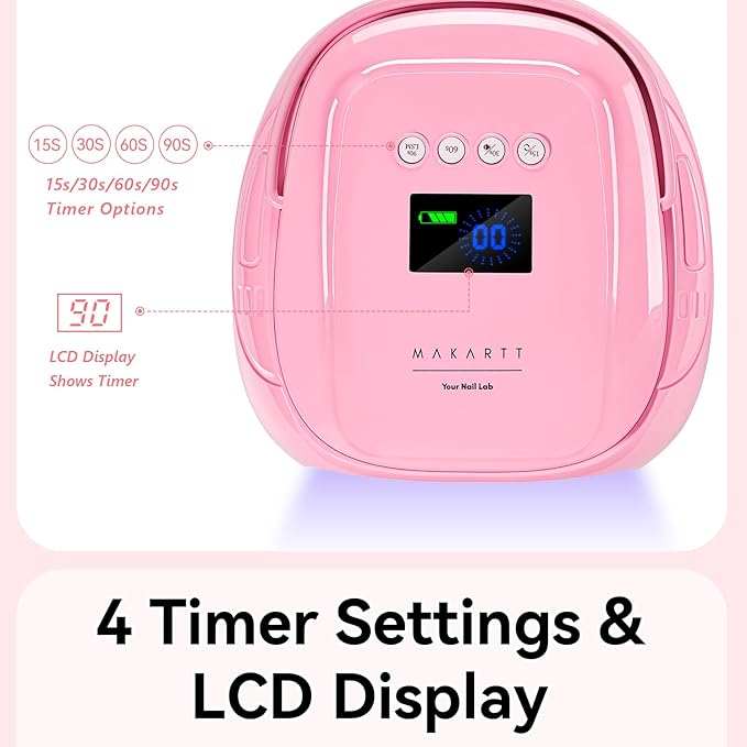 Makartt UV Nail Lamp – 30W Fast Curing UV Light with Handle Rechargeable Cordless Nail Dryer for Gel Nail Polish with 45 Beads Dual Lights 4 Timers LCD Smart Sensor for Nail Art Design(Pink)