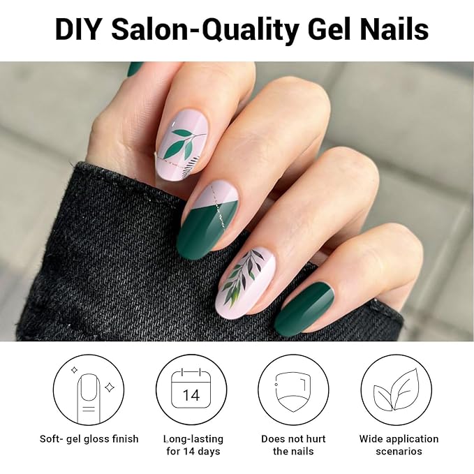 Semi Cured Gel Nail Strips (Green), 28 pcs Gel Nail Stickers, Work with Any UV Lights, Long-Lasting NailWraps for Women Art DIY Gift, Salon-Quality, Easy to Apply & Remove