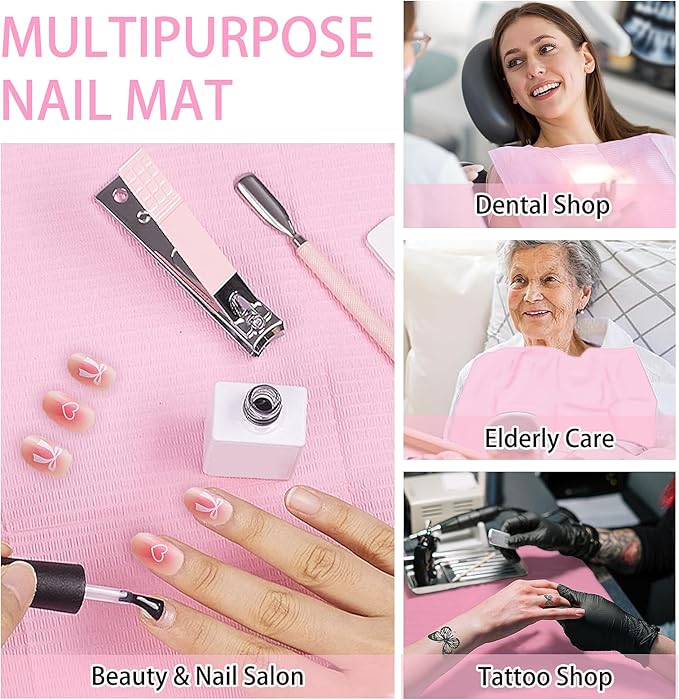 50PCS Disposable Nail Mats, Foldable Nail Paper Towels, 13"x18" Table Acrylic Nail Practice Sheet, 3 Ply Waterproof Clean Nail Table Mat for Salon, Manicure Tattoo, Nail Art Accessories (Pink)
