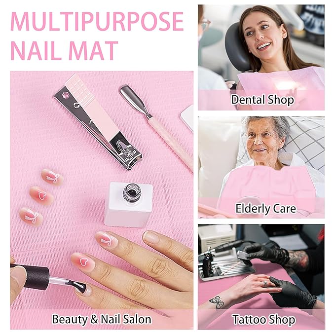 240pcs Disposable Nail Mats Foldable Nail Paper Towels, Table Acrylic Nail Practice Sheet, 3 Ply Waterproof Clean Nail Table Practice Mat for Salon Manicure Tattoo,Nail Art Accessories 13"x18"(Pink)