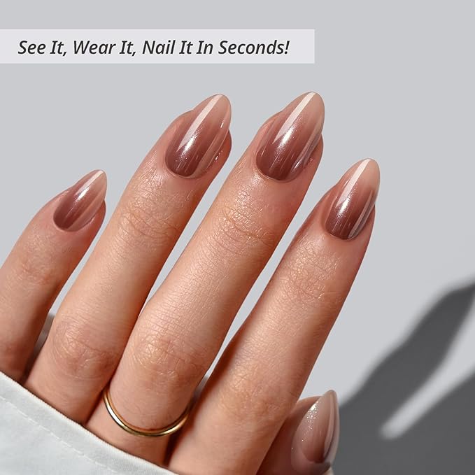 BTArtbox Press On Nails Almond - Molten Chrome, Ombre Brown Short Press On Nails with Glue and Adhesive Tabs for Women, Soft Gel Glue On Nails in 16 Sizes - 32 Stick On Nails Kit