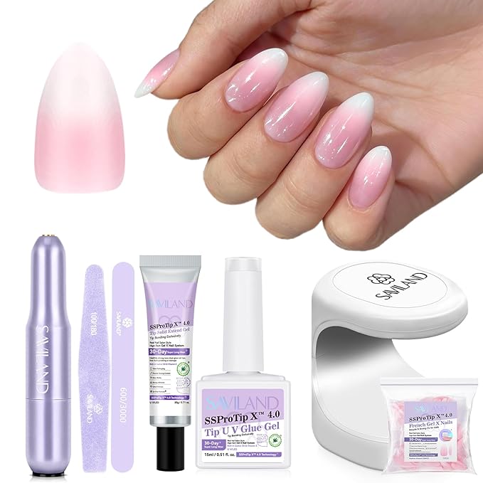 SAVILAND Gel Nail X Kit Almond: 4-In-1 Almond Press On Nail Tips with Glue White Pink Ombre Medium Almond 256 Pcs False Nail Tips Strong Glue On Nails Mini Nail Lamp Electric Nail Drill At Home