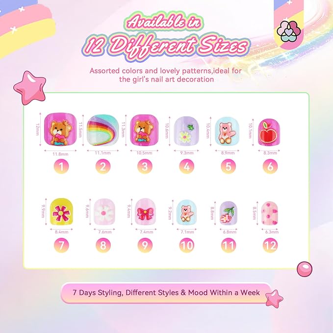 SAVILAND 3D Press on Nails for Kids: 7 Pack Kid Press on Nails for 5-9 Years Pre Glue Full Cover Short Kids Fake Nails Stick On Children Artificial False Nail Tips Fingernails Christmas Gifts for Kid