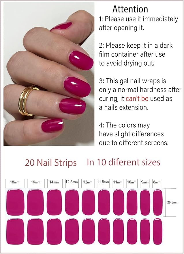 Semi Cured Gel Nail Strips, 20pcs Purple Cherry Gel Nail Stickers for Home Nails DIY