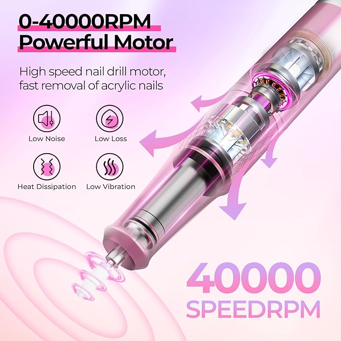 Electric Nail Drill Professional: Shiny 40000RPM Electric Nail File Kit E File Nail Drill Machine with LCD Display for Acrylic Gel, Manicure Pedicure Polishing Grinder for Salon Home, Diamond