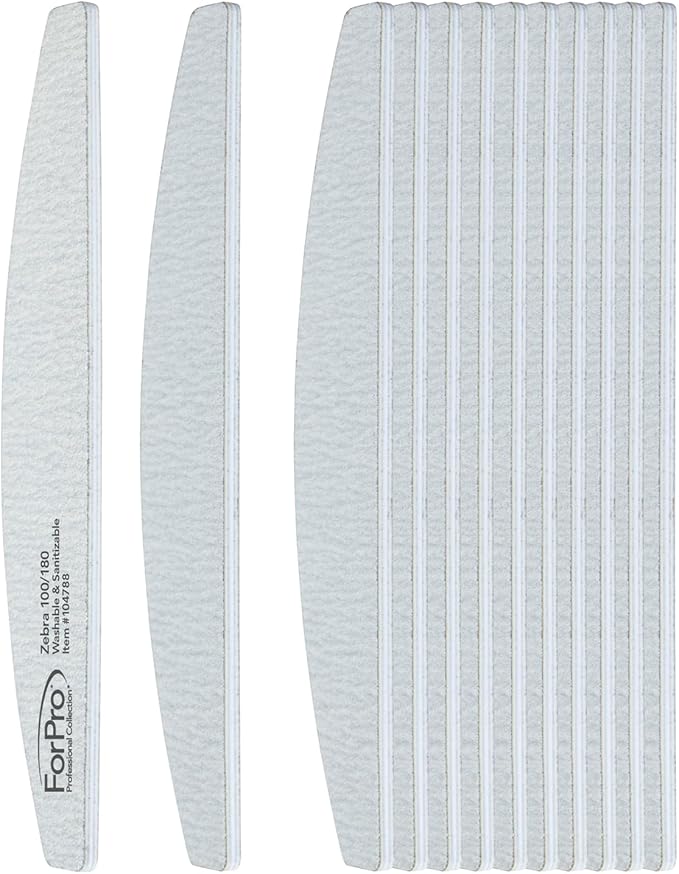 ForPro Professional Collection Half Moon Foam Boards, Zebra, 100/180 Grit, Double-Sided Manicure and Pedicure Nail Files, 7” L x 1.1” W, 12-Count
