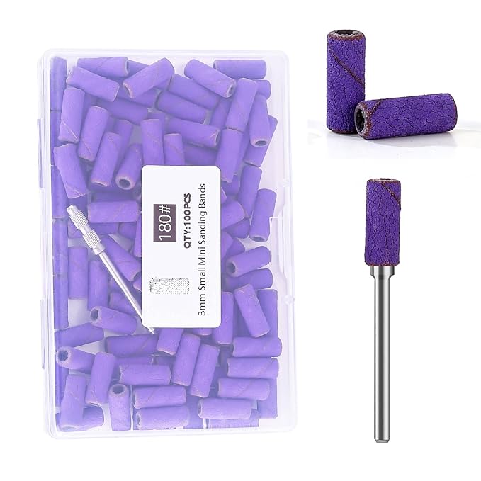 100pcs Nail Drill Bits Small Sanding Bands with Upgrade 3.1mm Mandrel Bit,180 Fine Grit Nail File Sanding Bands for Acrylic Nails Gel Removing Shaping Manicures and Pedicure (Purple, 180 Grit)