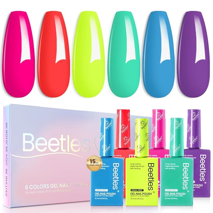 beetles Gel Polish Neon Bubbles - 6 Colors Gel Nail Polish Set Hema Free Full Size Neon Hot Pink Orange Yellow Blue Purple Green Soak Off UV LED DIY Home Manicure Salon Gift for Women Girls