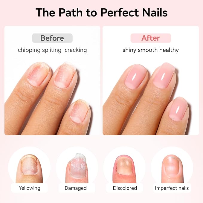 Illuminating Nail Concealer 4-in-1 Base Coat Ridge Filler Sheer Nail Polish & Strengthener for Discolored or Damged Yellowing Nails, Natural Nails Foundation Perfector, 15-free, Air Dry