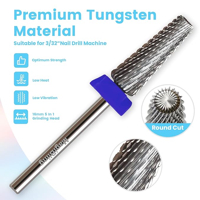 16mm 5 in 1 Tapered Barrel Nail Drill Bits, 3/32'' Safety Tungsten Carbide Bits, Right & Left Rotation, Manicure Cuticle Gel Acrylic Removal Polishing, Technicians Bits, Medium