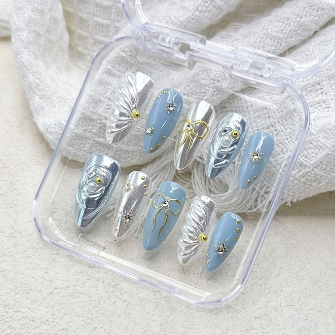 Handmade Press on Nails Medium Almond Fake Nails with Glue,Luxury Rhinestone ＆ 5D Bow Art Blue Press ons Muti-Layer Gel Handmade False Nails for Women (Size S)