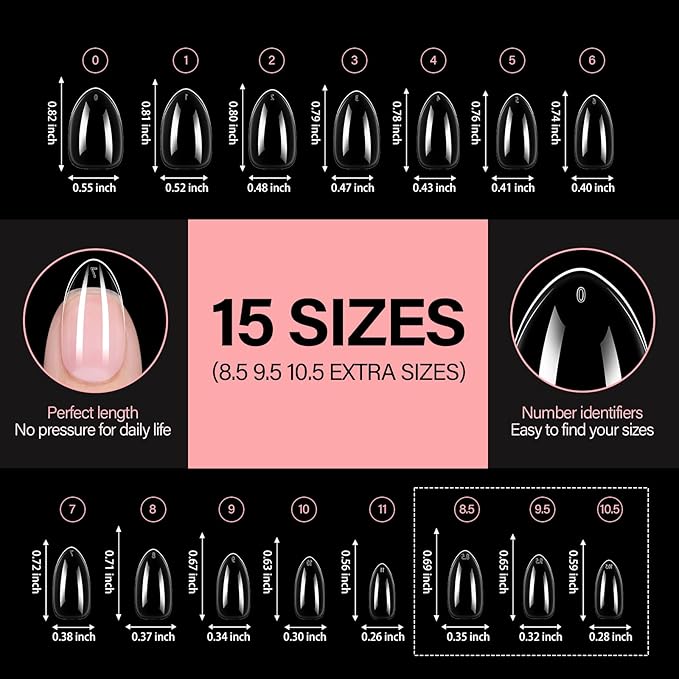 AILLSA Short Almond Nail Tips, 15 Sizes 240PCS Preshaped Soft Clear Gel Nails Tips Full Cover False Nails Tip Short Almond Shaped Tips