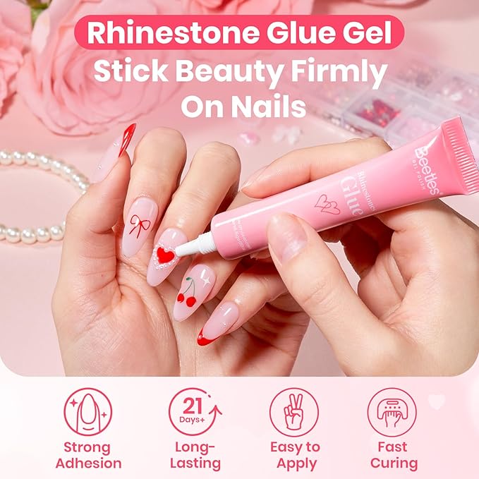 Beetles Rhinestones Glue Kit - 3D Gel Nail Art & Sculpting Gel Glue and with Heart Charm Diamond Jewelry, Spring Nail Decorations for DIY Gel Nail Polish