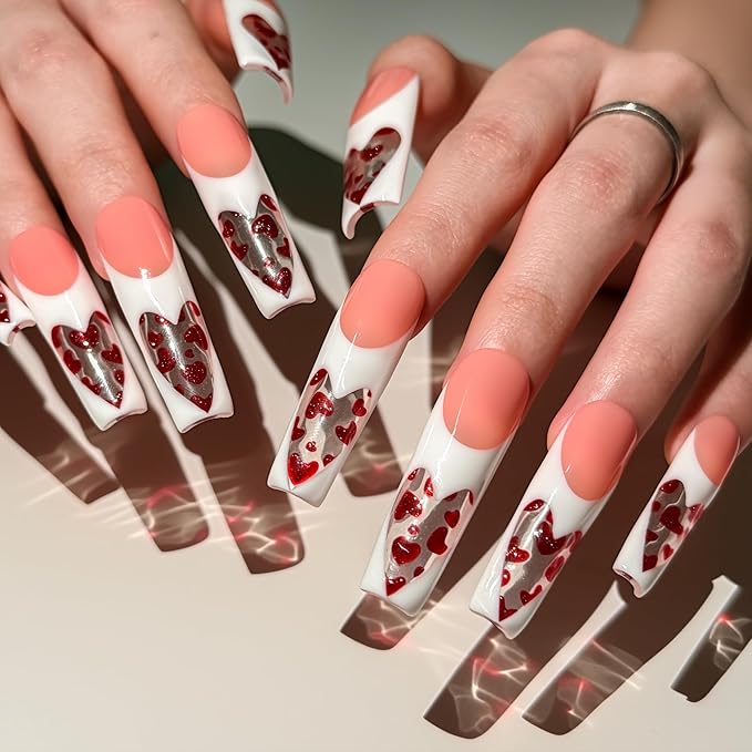 LOVFUL Valentine's Press on Nails Glass Heart | Handmade with Full Covered Crystals | Reusable Fake Nails | Square Mid length 1.7in | H742-M