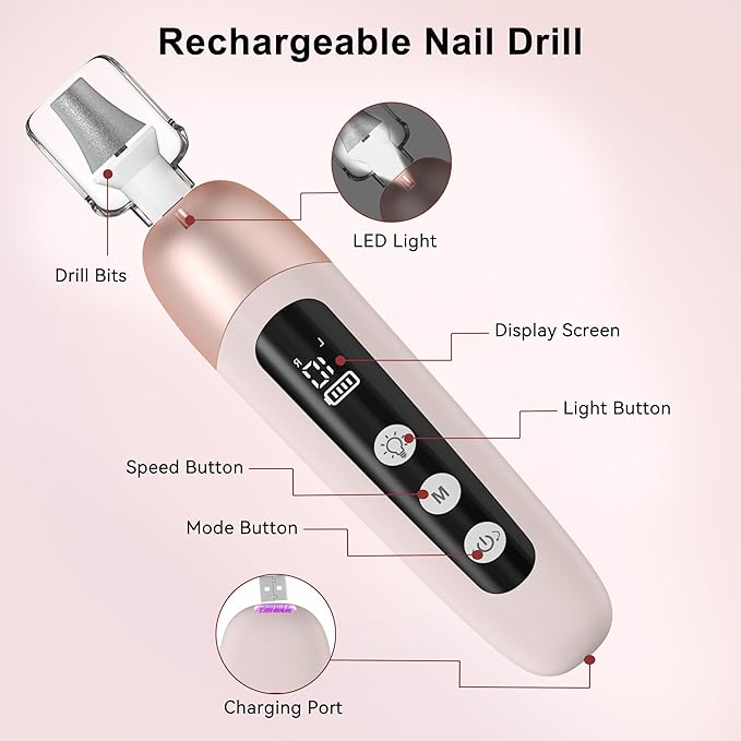 Electric Nail Drill Cordless Nail File Professional Manicure Pedicure Kit, 9 in 1 Hand Foot Rechargeable Care Tool, 10 Speeds Electric Nail File Grinder for Thick Toenail Trim Polish Pink