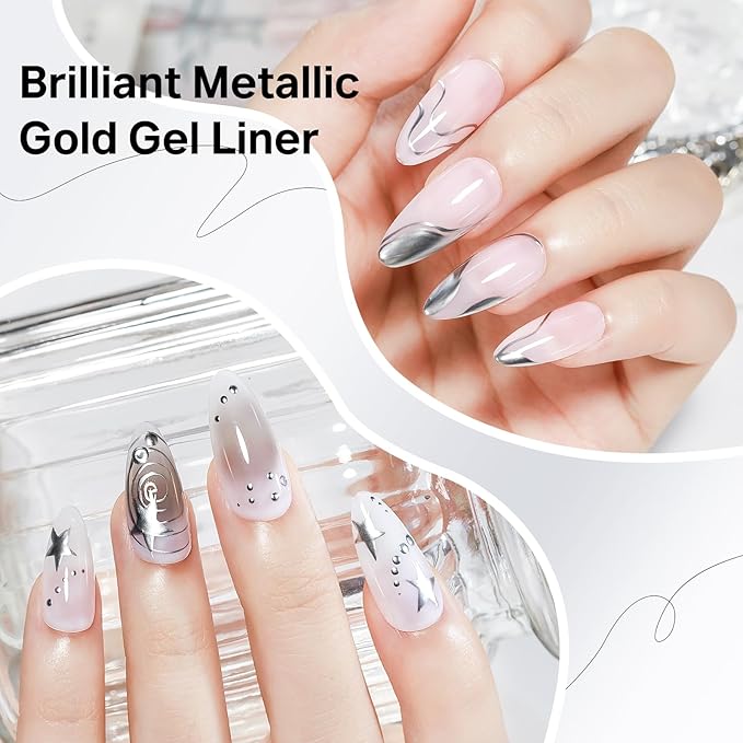 MIZHSE Gel Liner Nail Art, White and Metallic Silver Painting Gel Polish, Mirror Chrome Silver Classic White Glossy Drawing Line Stripe Swirls French Nail Design DIY Manicure Soak Off Nail Art