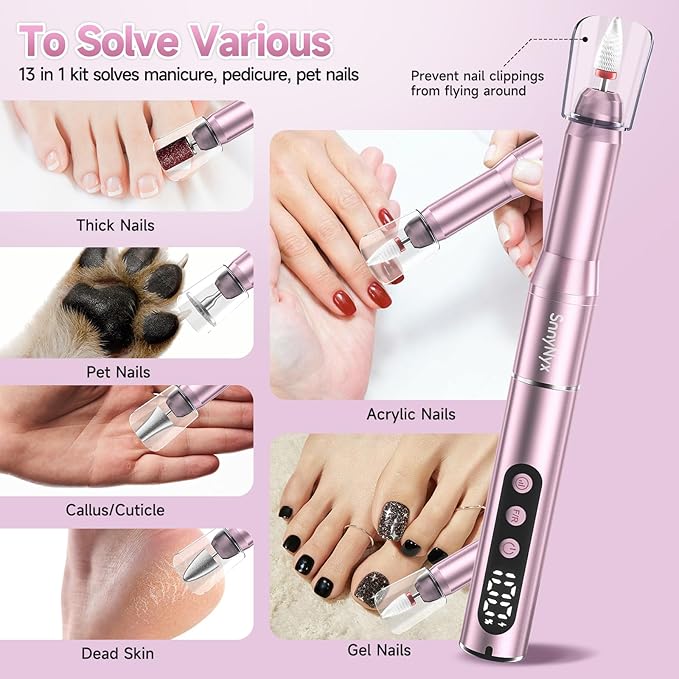 Cordless Electric Nail Drill 35000 RPM, Professional Nail File Kit with LCD Display, 12 Bits & 36 Sanding Bands, for Acrylic Gel Nails, Pet Claws, Salon & Home Use(Rose Gold)