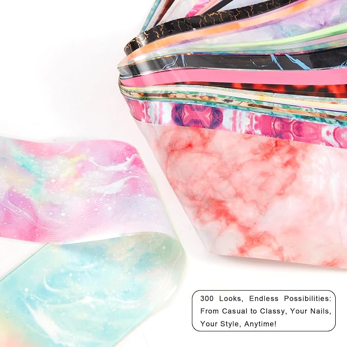 WOKOTO 300 Sheets Nail Transfer Foil Art Kit, Marble Gradient Leopard Nail Art Foils Stickers for Nails, Gel Nail Transfer Stickers Decals Wraps Nail Polish Foil Sheets Set