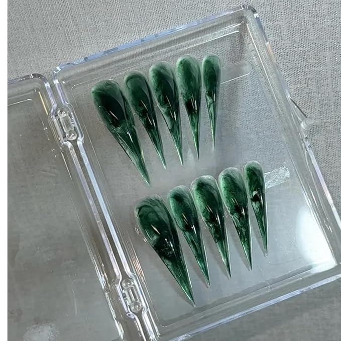 Stiletto Press on Nails with Glue Glossy Extra Long False Nails with Green Rendering Hand-Painted Designs Handmade Eagle Dragon Cat Claw Unique Reusable Fake Nails