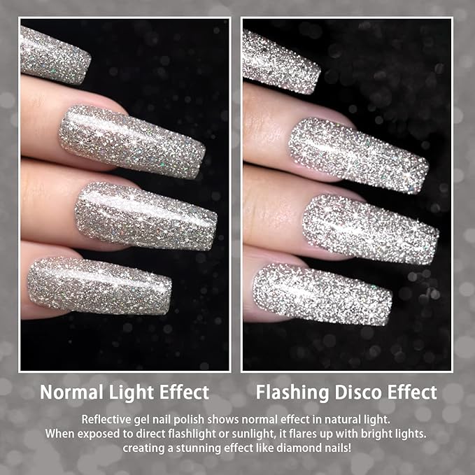 RARJSM Silver Glitter Gel Nail Polish,Reflective Glitter Gel Polish Silver Beige Holographic Iridescent Shimmer L E D U V Soak Off Sparkle Diamond Gelpolish Nail Art Manicure Salon DIY at Home