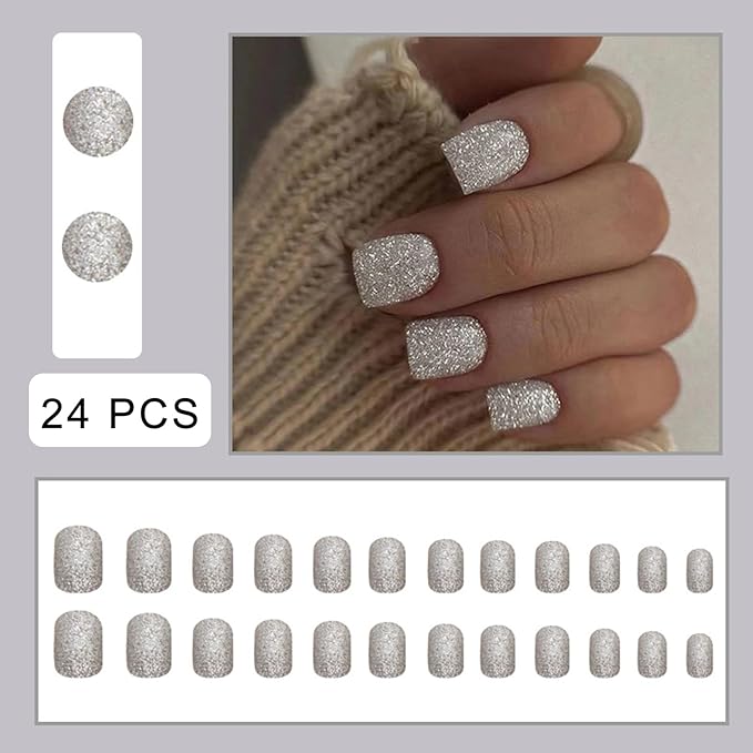 Silver Shiny Glitter Press on Nails Short Square Fake Nails Blasting Designs False Nails Shiny Full Cover Glossy Reusable acrylic Stick on Nails for Women Girls Light Luxury Manicure Decoration 24Pcs