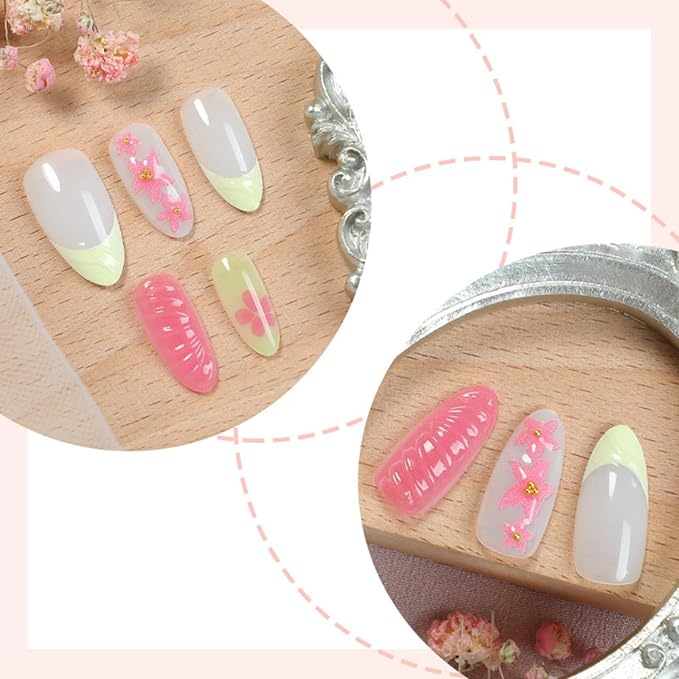 Medium Press on Nails Almond Fake Nails French False Nails Pink Artificial Nails with Floral Designs Acrylic Nail Press ons Cute Stick on Nails for Women 24pcs