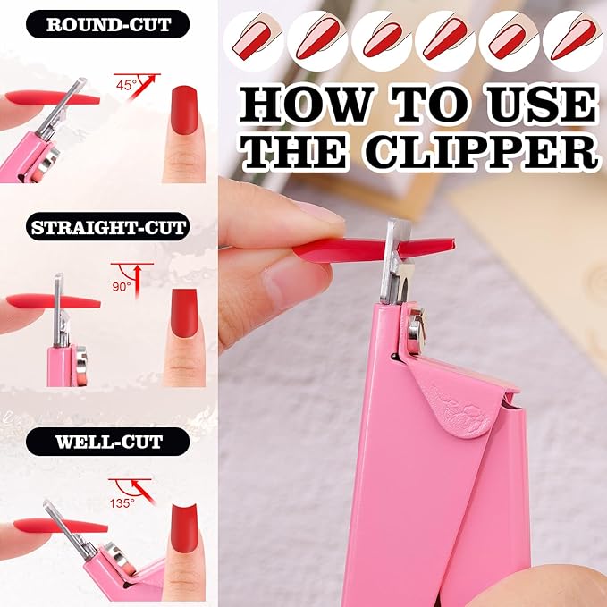 Light Pink Metal Premium Nail Clippers with Magnet Sizers for Acrylic Nails, Professional Stainless Steel Fake False Nail Tip Clipper Cutter Trimmer, Manicure Tool for Salon Home Nail Art