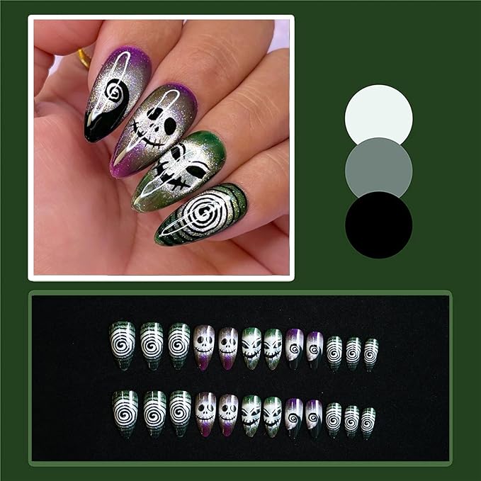 24 Pcs Halloween Almond Press on Nails, Glossy Fake Nails with Funny Skull & Swirl Design, Full Cover False Nails, Acrylic Stick on Nails for Women Girls Nail Art Manicure Decor