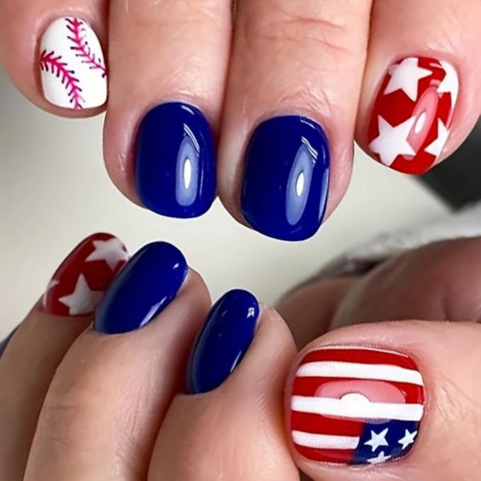Independence Day Press on Nails Short Square Fake Nails with Star Designs Red Blue American Flag False Nails Baseball Stick on Nail Full Cover 4th of July Acrylic Nail for Women Girls Manicure 24Pcs