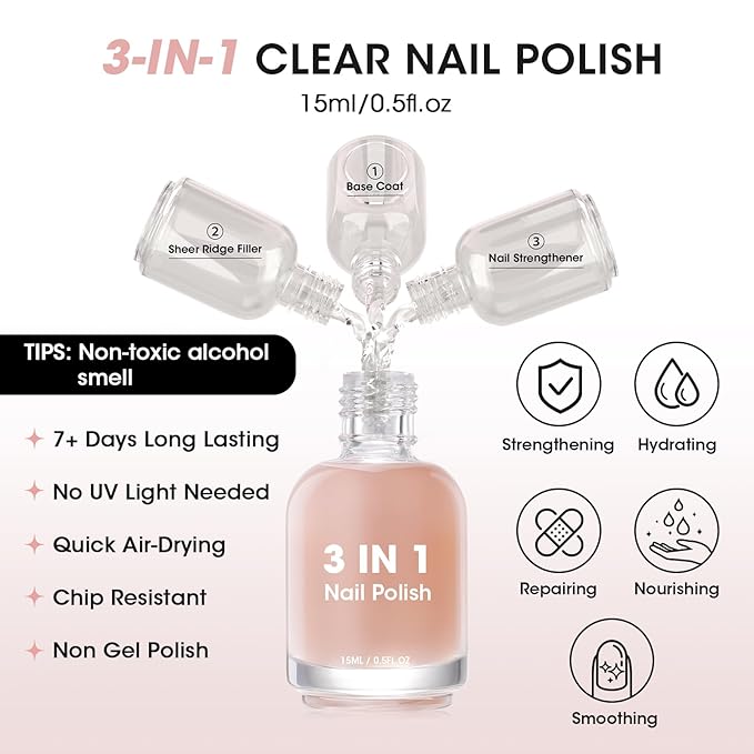 GELLEN Clear Nail Polish Ridge Filling Base Coat, Sheer Nude Tint Ridge Filler For Nails | Smooth Strengthen Nourish Damaged Dry Finger Nails | Shea Butter, Vit E, Protein | Toxin HEMA & TPO Free