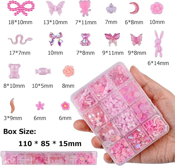 850 Pieces 3D Butterfly Rose Flower Bow Rabbit Bear Nail Charms Kit with Nail Art Rhinestones Pearls Crystal Gems Nail Slices for Manicure DIY Crafts Jewelry Accessories (Pink)