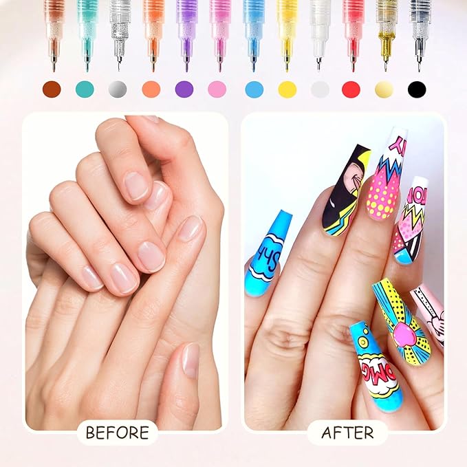 12 Colors Nail Art Pens Set,Nail Polish Pens for Painting Nails,Drawing Painting Dotting Liner Acrylic Nail Art Markers Kit,Waterproof Quick-Drying Nail Pens Manicure Tools for DIY Nail Art Design