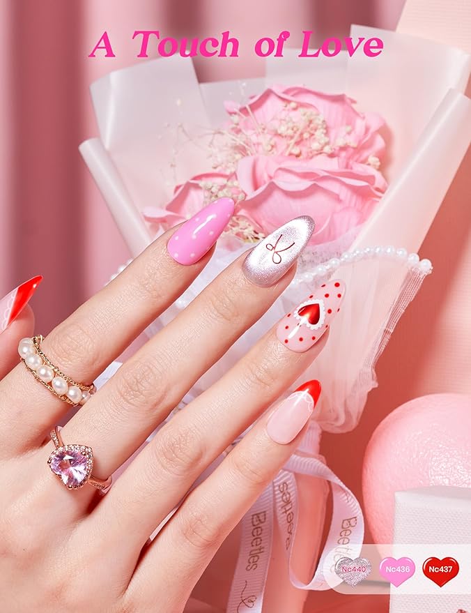 Beetles So In Love Collection – Glow In Love Valentine Gel Nail Polish Set, Pink Gel Nail Art Set with Base Top Coat Mini Rose Bouquet, Salon DIY at Home Valentine's Day Gift for Women Wife Girlfriend