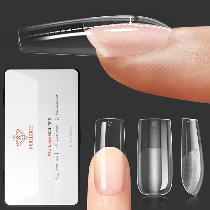 modelones Pro Luxe Instant Nail Apex Tips 15 Sizes, Medium Square Extension Gel Tips Pre-building & Pre-etched Thicker Strength Acrylic Fake Nails Full Cover 120 Pcs