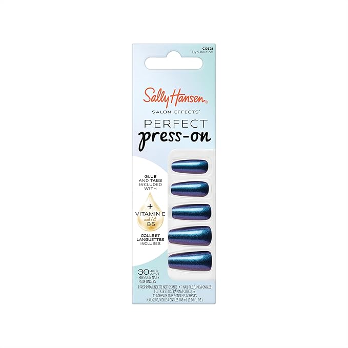 Sally Hansen Salon Effects Perfect Press-On Nails | Coffin Shape | Easy to Apply, Non-Damaging | 30 Nails, Nail Glue, Adhesive Tabs, File | HYP-Nautical