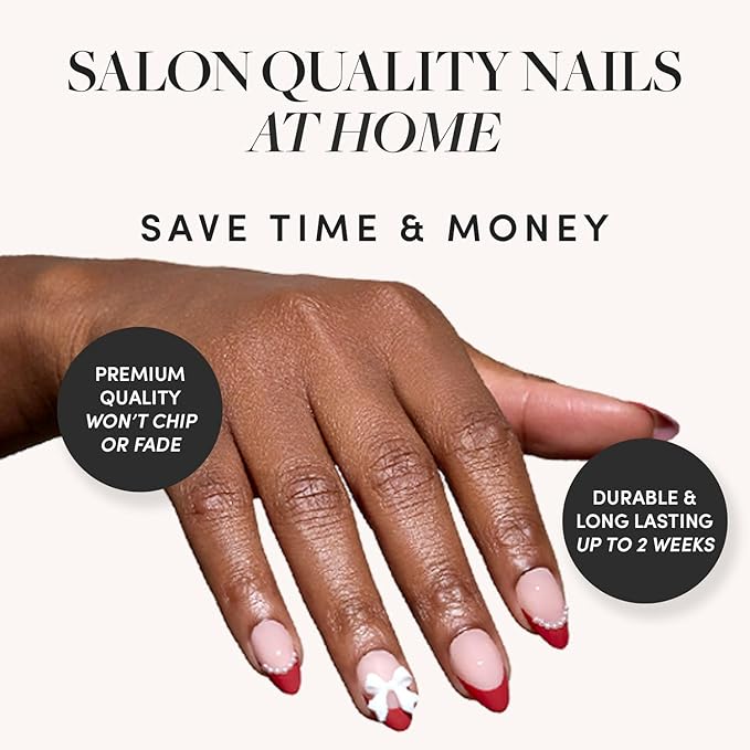 Valentines Day Glamnetic Press On Nails - Ruby Ribbons | Short Almond Fake Nails with Red French Tips & 3D Bows in a Glossy Finish, Salon Quality | 15 Sizes - 30 Nail Kit with Glue