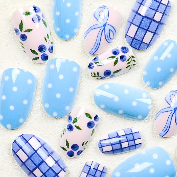 Short Almond Press on Nails Blue Fake Nails Polka Dot Nails Press Ons Blue Bow False Nails Glossy Full Cover Stick on Nail Spring Summer Glue on Nail for Women Decorations Set 24Pcs