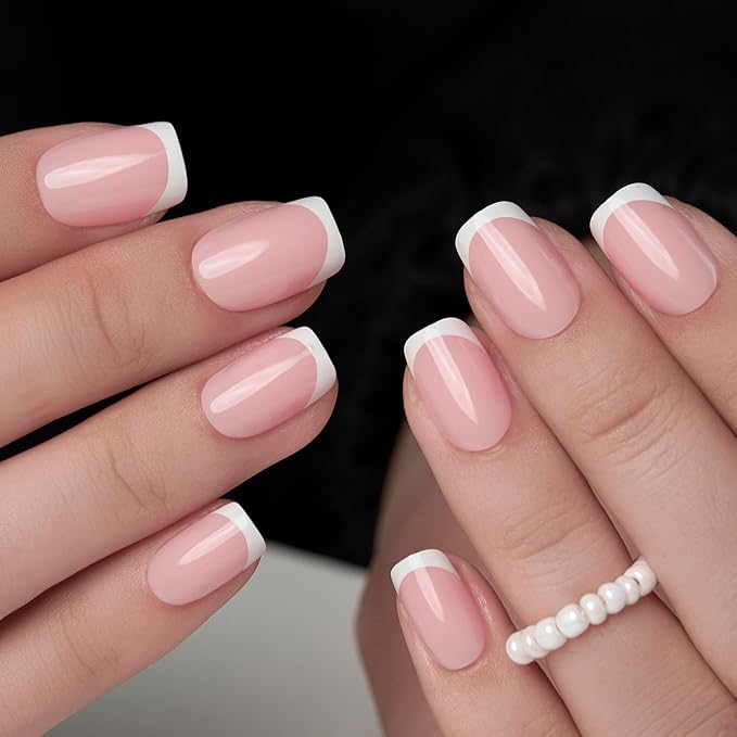 Curvlife Short Square Press on Nails Soft Gel Fake Nails with Design Full Cover False Nails for Women Reusable Nail Kit