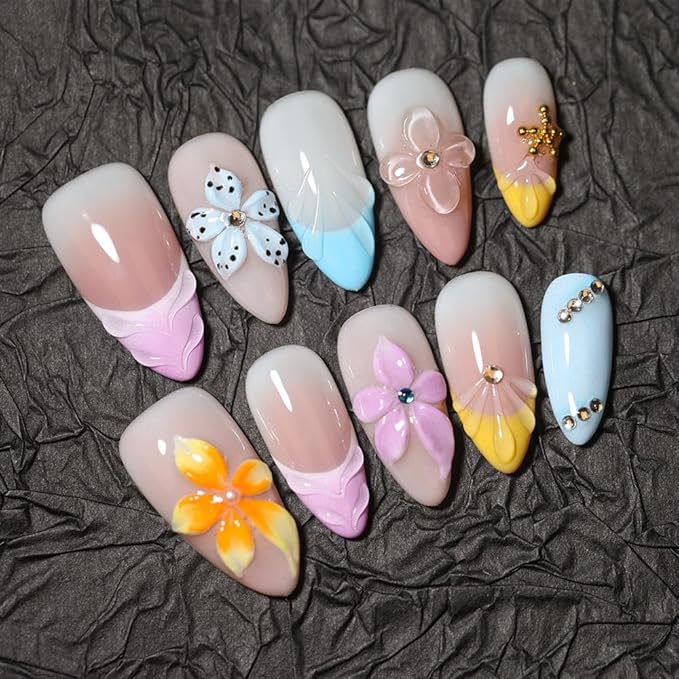 10PCS Luxury Handmade Press On Nails Nude Gradient Cat's Eye with Pearl Bow & Sparkling Rhinestones for Wedding & Party Reusable Almond Fake Nails Design Gift For Women and Girls (L02, M)