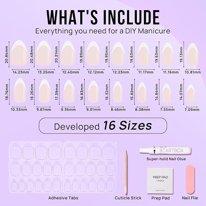 BTArtbox Press On Nails Short - Almond French Tip Press On Nails with Glue for Women, Soft Gel Glue On Nails in 16 Sizes - 32 Stick On Nails Kit, White French