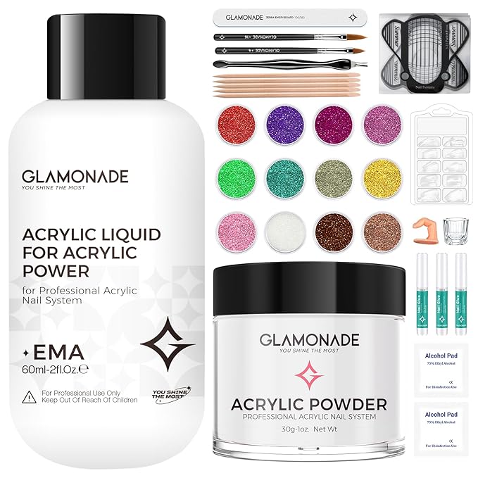 Acrylic Nail Kit for Beginners: 30g Clear Acrylic Powder Set with Glitter Powder Brush Nail Forms Manicure Tools Nails Kit with Everything Home DIY Nail Art Salon
