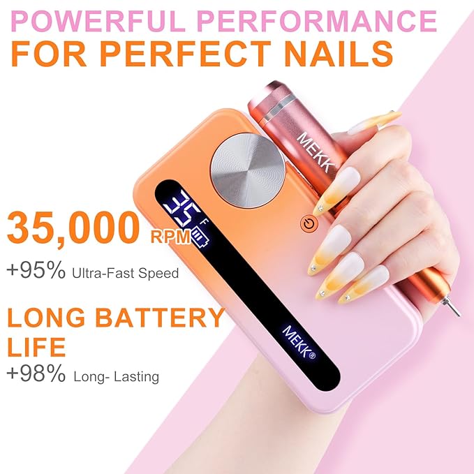 MEKK Nail Drill Kit,35000RPM Electric Nail Drill Professional Electric Nail File with 12PCS Bits,Anti-Shaking Cordless E Filer for Nails,Home & Salon(Orange-Pink)