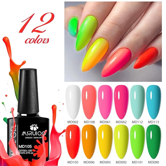 12Pcs Neon Gel Nail Polish Set Nude Gel Polish Set Pink Blue Rainbow Series Soak Off UV Nail Polish Manicure Kit