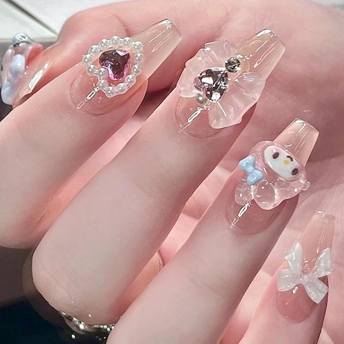 Acrylic Pink Rabbit Press on Nails Medium Square,Reusable Handmade Kawaii bow pearl Gel Nails Press On, Luxury Fake Glue Stick on Nails,10 Nails Size S,#949